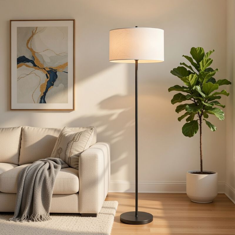 Avira 61 Inch Floor Lamp, String Pattern White Fabric Shade, Black Metal image number 8