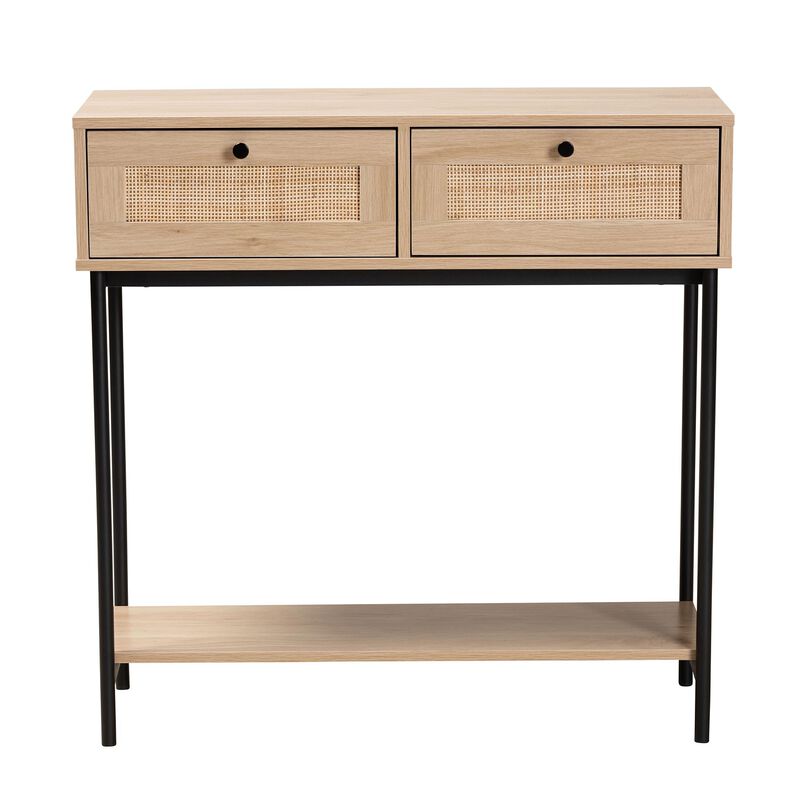 Baxton Studio Sherwin Light Brown And Black 2 Drawer Console Table With Woven Rattan Accent