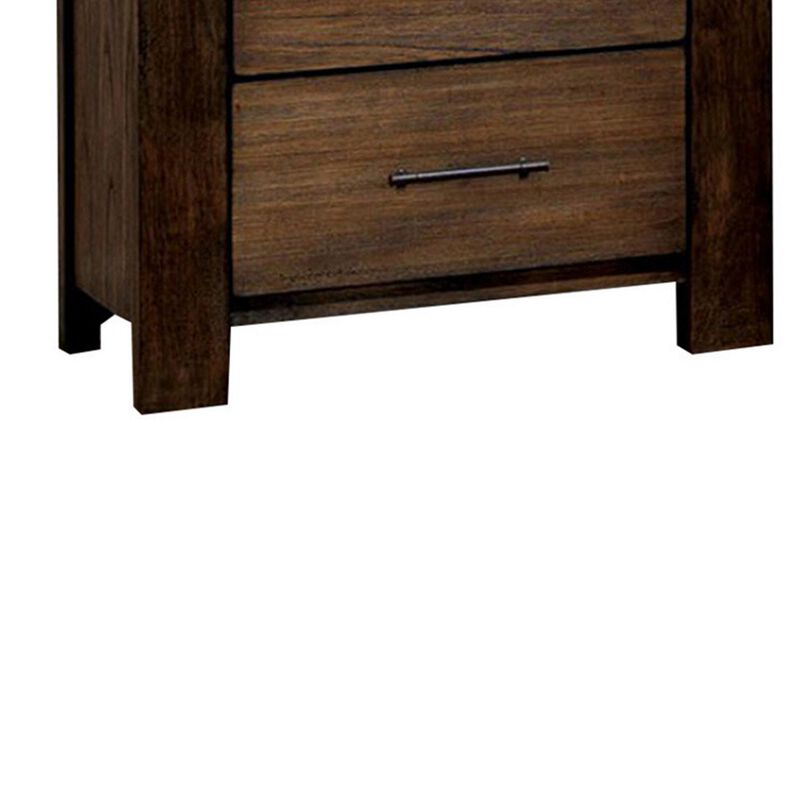 2 Drawer Wooden Nightstand with Grain Details, Oak Brown-Benzara