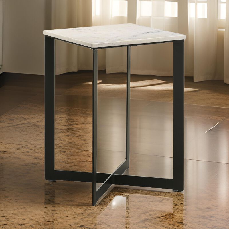 Sovi 24 Inch Side End Table, Square Marble Top, Black Metal Frame, White image number 5