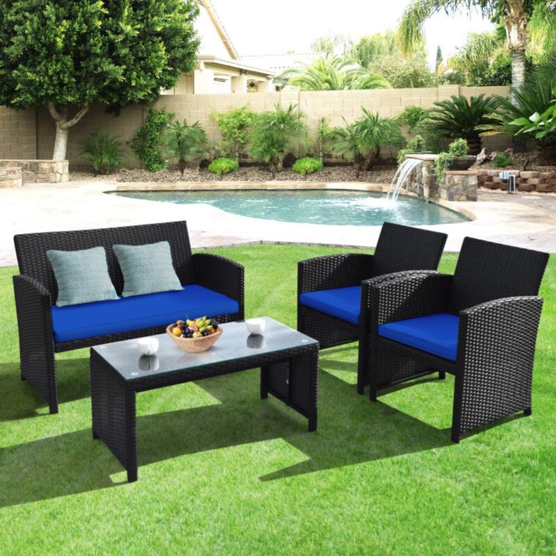 Hivvago 4 Pieces Rattan Patio Furniture Set with Weather Resistant Cushions and Tempered Glass Tabletop