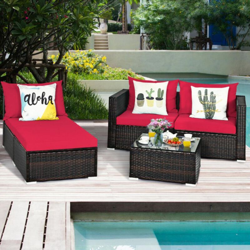 Hivvago 5 Pieces Patio Rattan Sectional Furniture Set with Cushions and Coffee Table