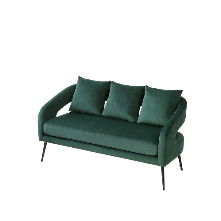 Open Back Velvet Loveseat with 3 Throw Pillows, 53.7" Small 2-Seater Metal Legs for Living Room Bedroom Studio