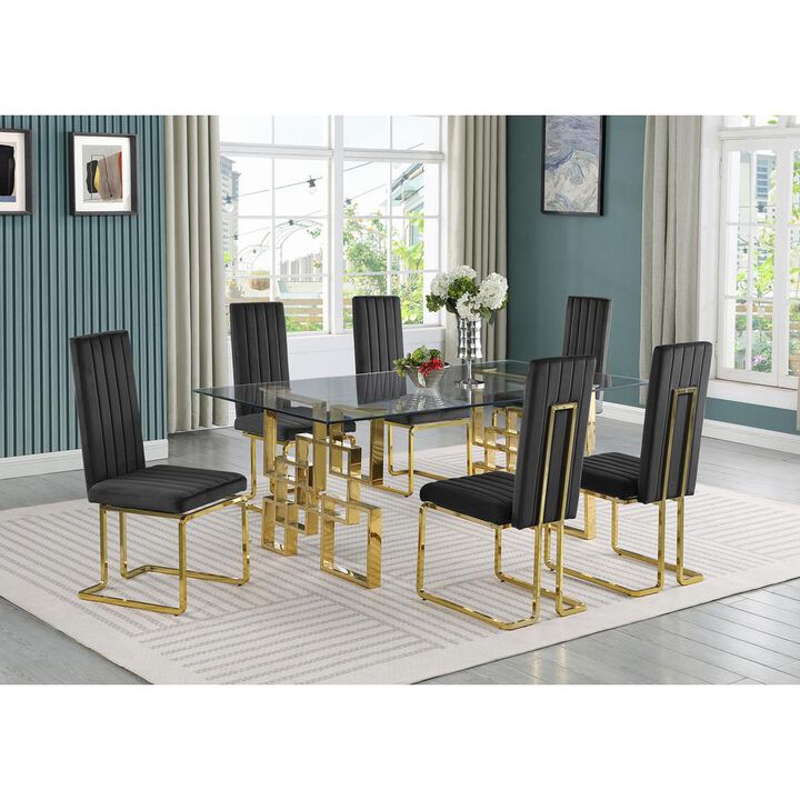 7-piece glam dining set with 6 Black chairs and one 79" glass  table