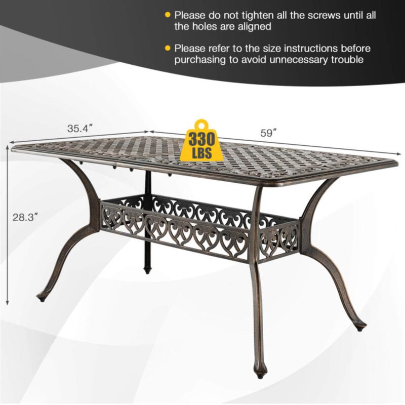 Hivvago 59 Inch Aluminum Patio Dining Table with Umbrella Hole fot 6 Persons-Bronze