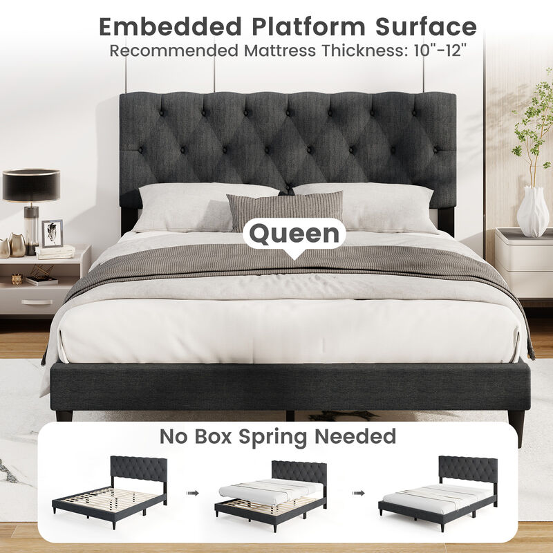 Upholstered Platform Bed with Tufted Headboard and Sturdy Wooden Slats