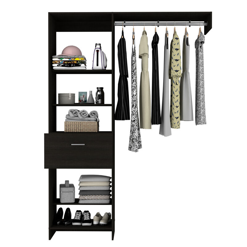 DEPOT E-SHOP Dynamic 150 Closet System, Five Open Shelves, One Drawer, One Metal Rod, Black