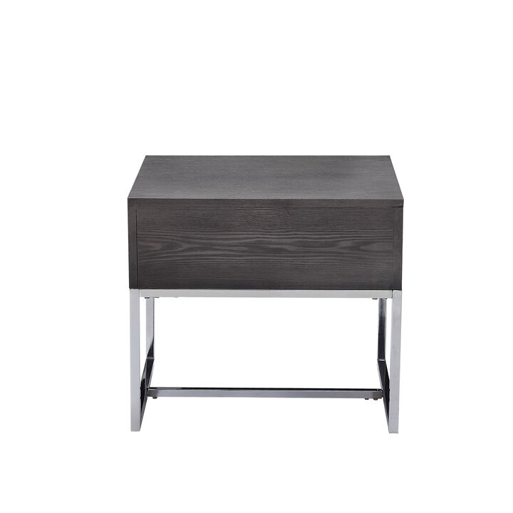 Wooden End Table with Tubular Metal Base and Spacious Drawer, Gray and Silver-Benzara