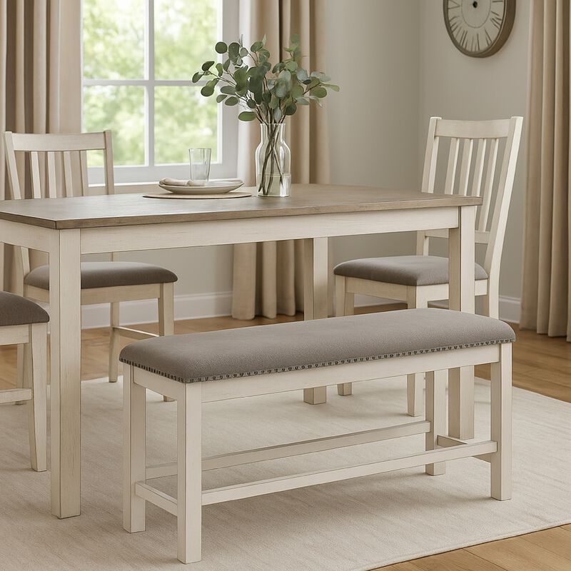Lea Counter Height Dining Bench, Classic White Wood, Gray Polyester