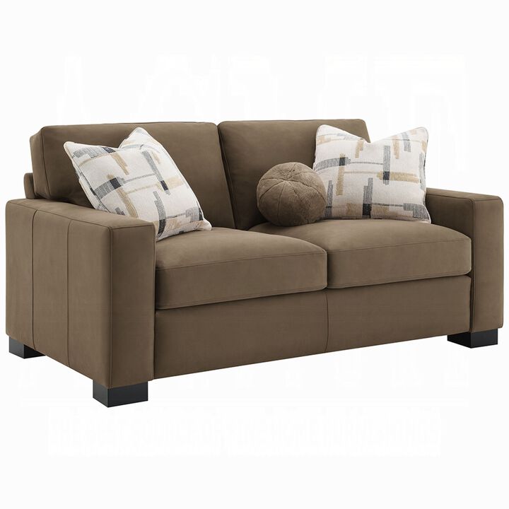 Lenu Modern Loveseat w 3 Accent Pillows, Brown Suede Fabric, 69 Inch