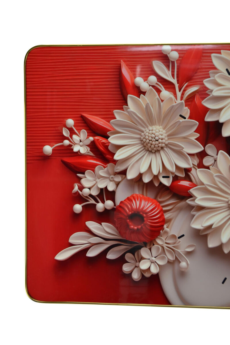 HomeRoots 24" White Red And Black Solid Wood and Acrylic Silent Analog Floral Wall Clock image number 4