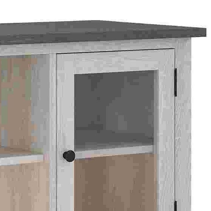 60 Inch TV Entertainment Console, 2 Glass Doors, Farmhouse, White, Gray - Benzara