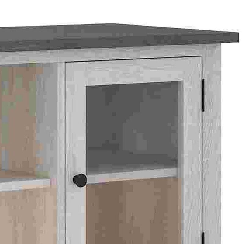 60 Inch TV Entertainment Console, 2 Glass Doors, Farmhouse, White, Gray - Benzara