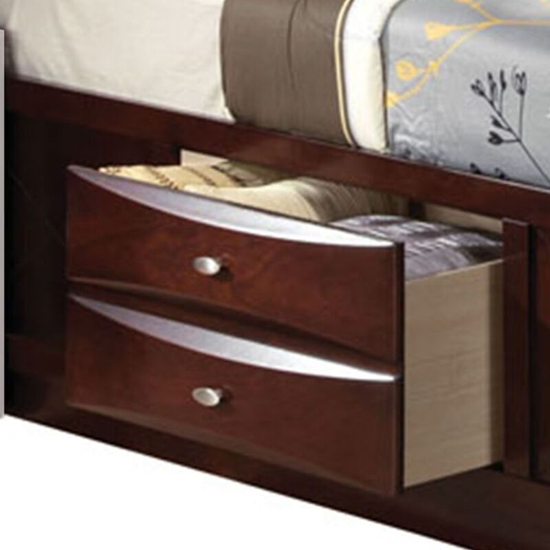 Panel Design Queen Size Bed with Bookcase and Drawers, Brown