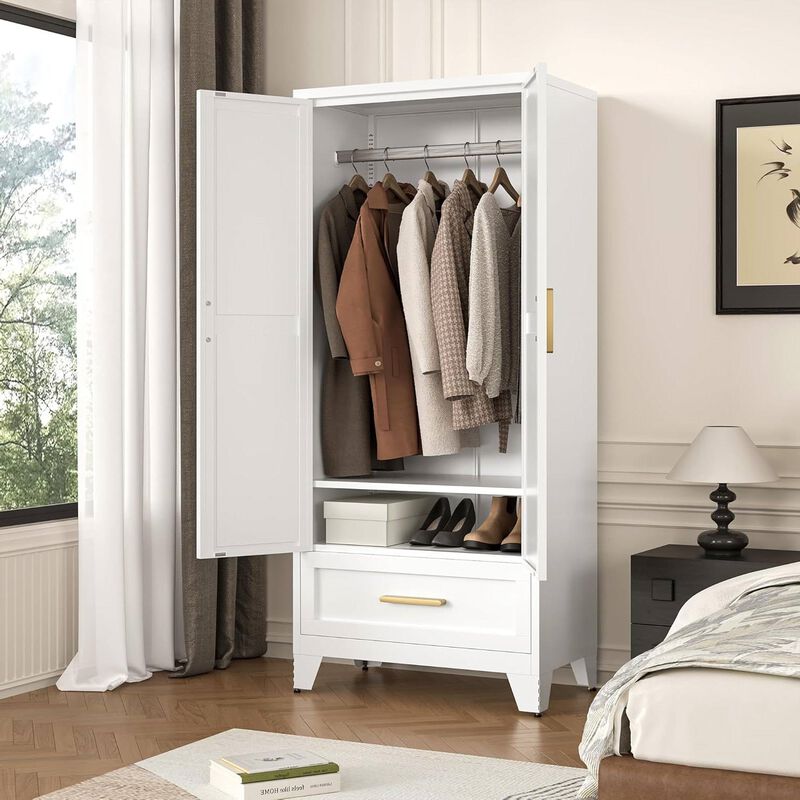 2-Door Wardrobe Armoire Cabinet with Storage Drawer and Hanging Rod