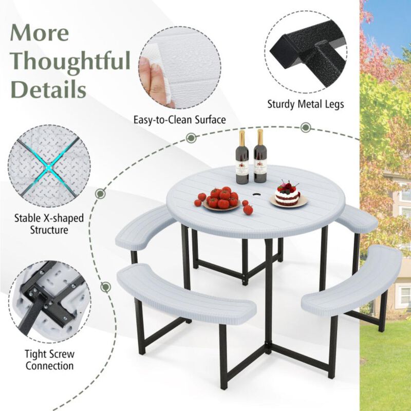 Hivvago Round Picnic Table Bench Set with 4 Benches and Umbrella Hole for Patio Lawn