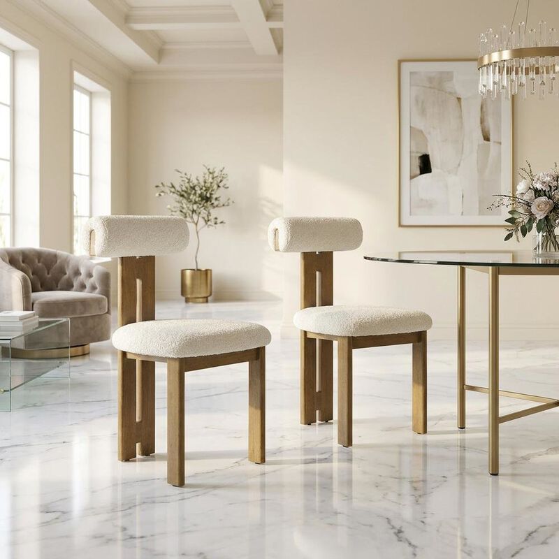 Boucle Fabric Upholstered Dining Chairs, French Oak Ivory, Set of 2 image number 4