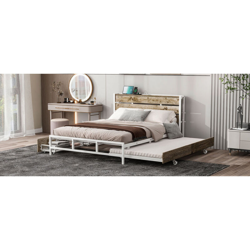 Metal Platform Bed With Drawers and trundle, Sockets and USB Ports, Queen, White