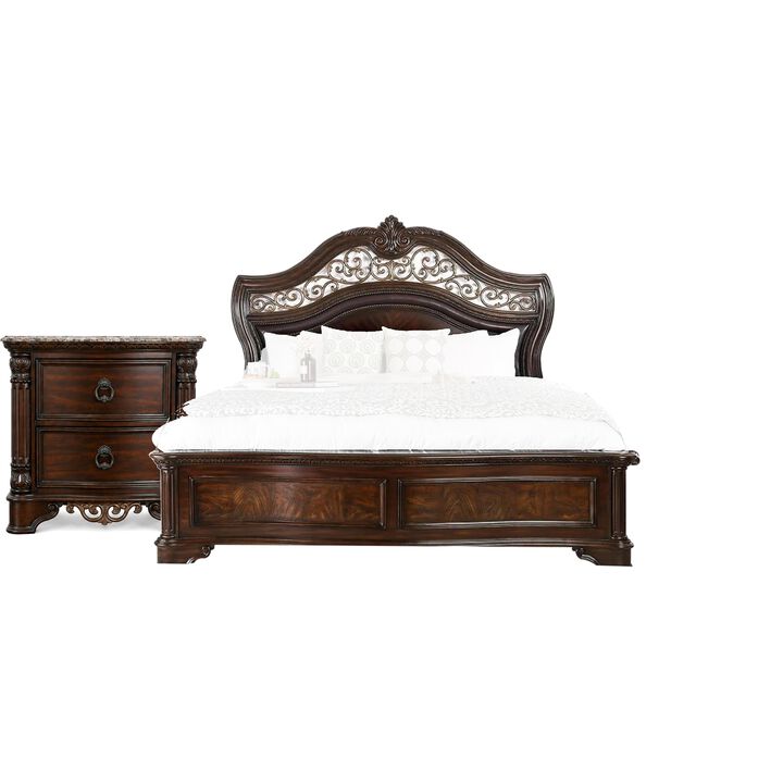 Queen Bedroom Set in Brown Cherry & Gold Wood &ndash; 2 Piece Set with Nightstand