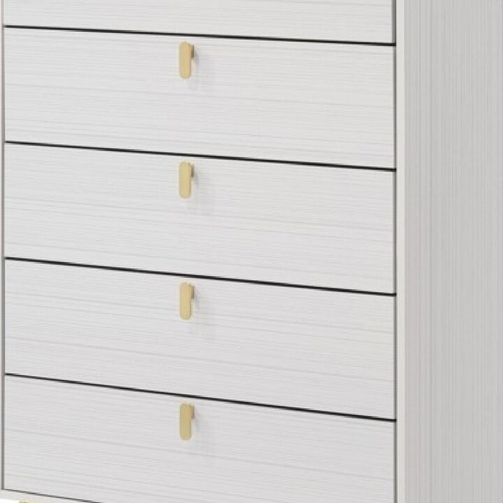 Cos 50 Inch Wood Tall Dresser Chest, 5 Drawers, Metal Handles, White, Gold-Benzara