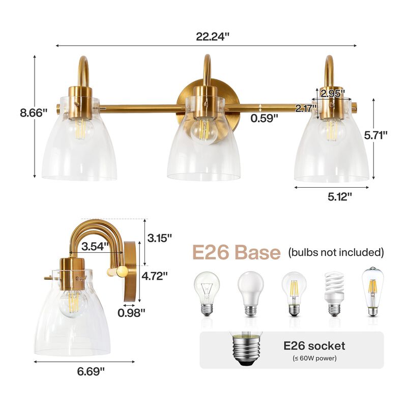 Brushed Brass Bathroom Vanity Light, Three-Light Clear Glass Shades image number 2