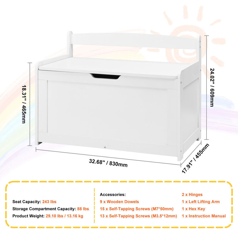 Wooden Toy Chest with Flip-Top Lid and Safety Hinge for Kids' Room or Playroom