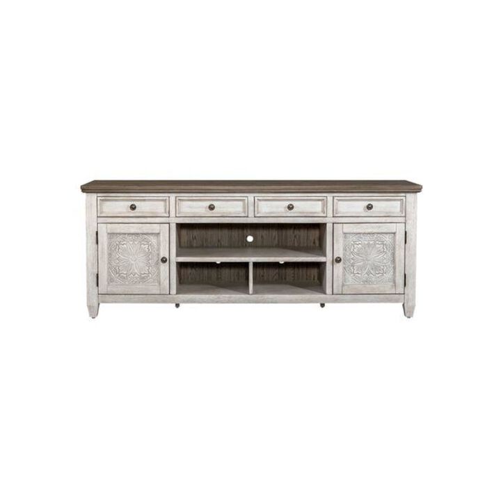 Liberty Furniture Heartland 76 Inch Tile TV Console in Antique White w/ Tobacco Top