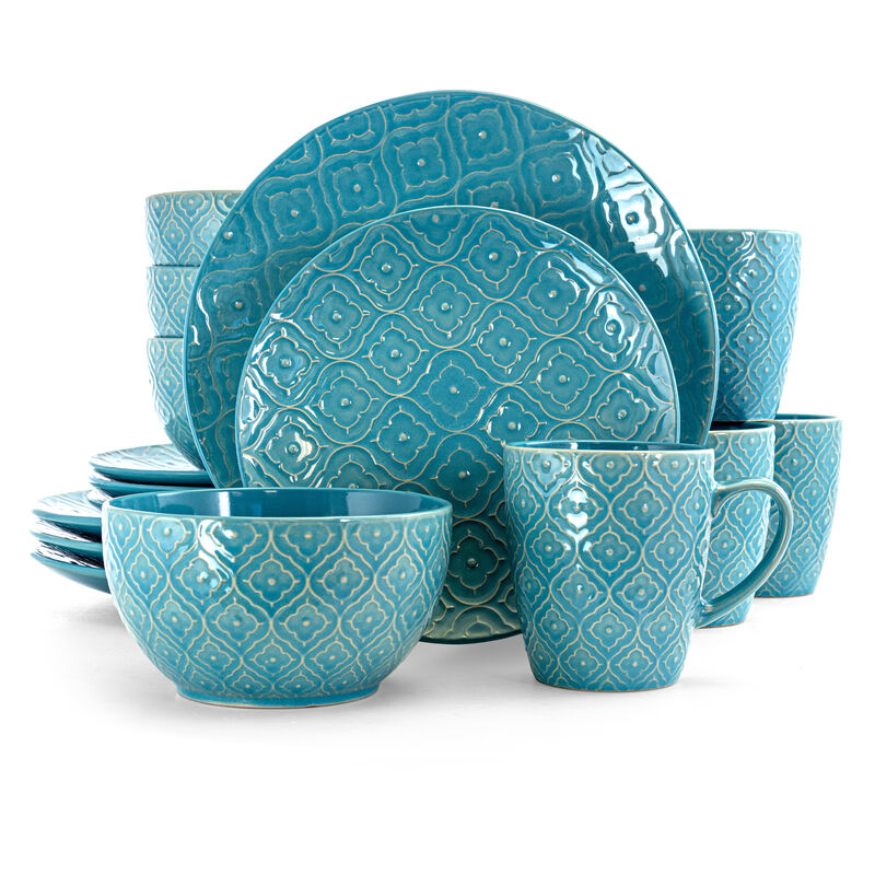 Elama Aqua Lily 16 Piece Luxurious Stoneware Dinnerware with Complete Setting for 4