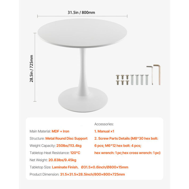 Modern Round Wood Dining Table for 2-4 Person, Tulip Pedestal Base Coffee Table for Home-White image number 2