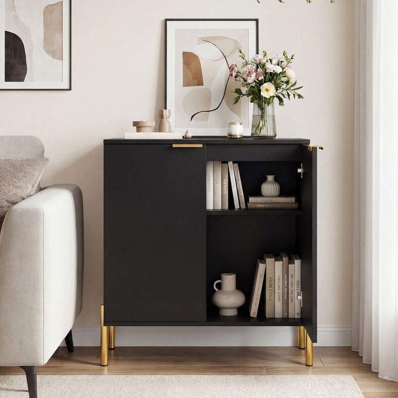 2 Piece Sideboard Cabinet Set with 2 Doors and Metal Legs for Living Room-Black image number 4