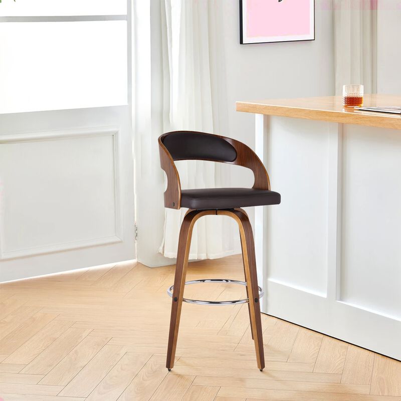 26 Inch Swivel Faux Leather Counter Height Barstool with Open Back, Brown - Benzara