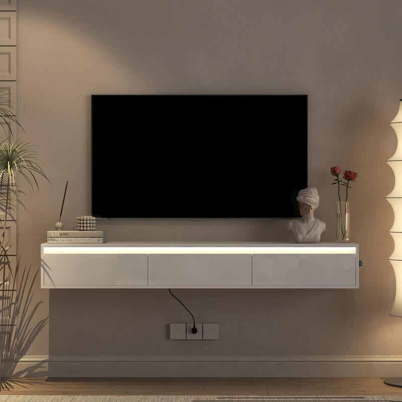 GOODSILO Floating TV Stand with LED Lights and Power Outlet, High Gloss Wall Mounted Storage Cabinet for Living Room Entertainment image number 5