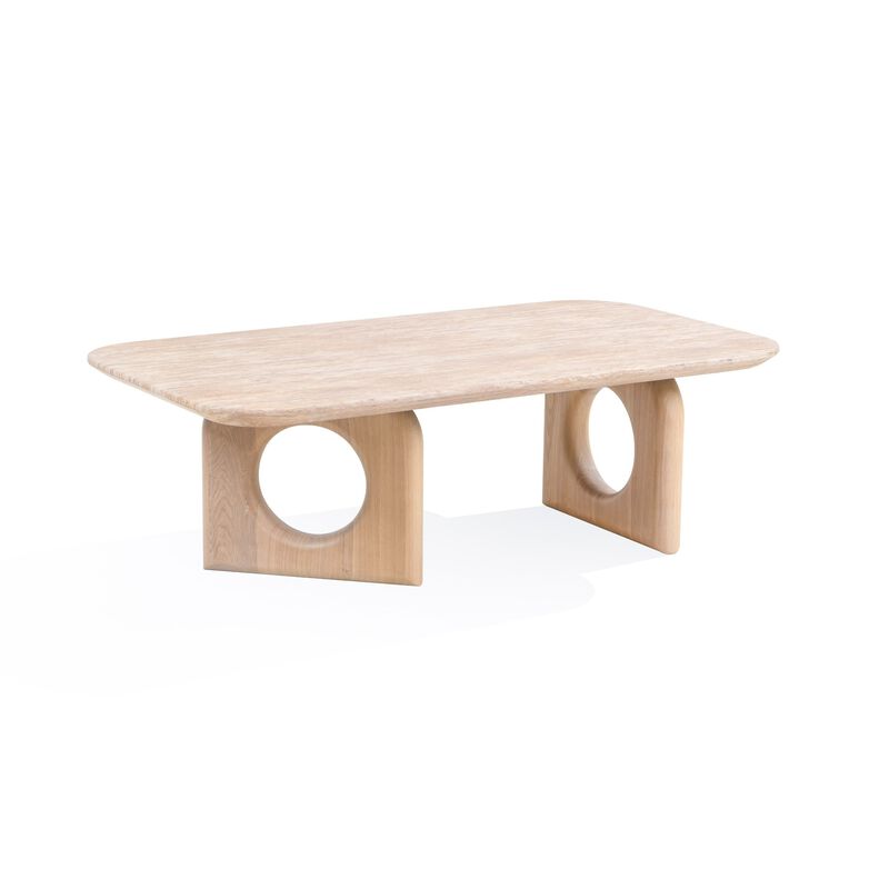 Aky 50 Inch Coffee Table, Faux Marble Top, Open Panel Frame, Natural Brown