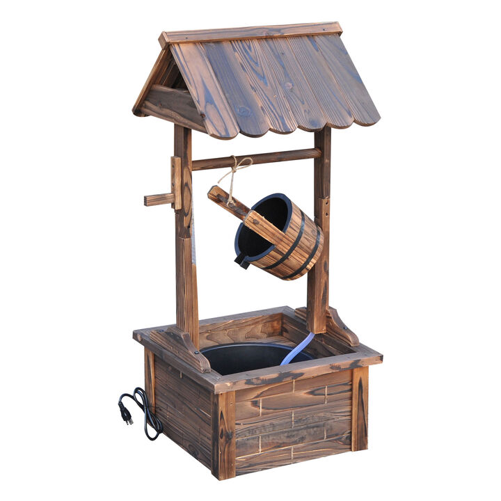 Outsunny Outdoor Wooden Wishing Well Fountain with Adjustable Water Flow Rate, Outdoor Rustic Waterfall Fountain with Electric Pump, Water Bucket, for Backyard Patio Garden Lawn, Carbonized Finish