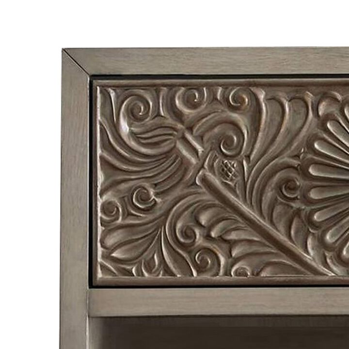 Night Stand with Polyresin Floral Design, Ivory-Benzara