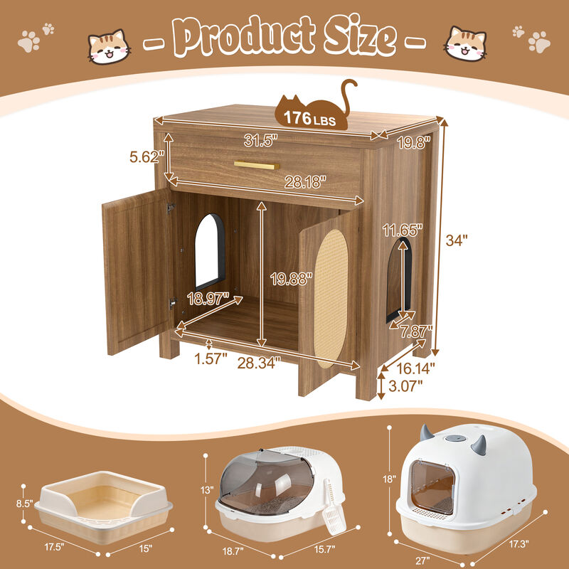 Whisen 31.5" Pet Furniture, Cat Litter Box Enclosure with Sisal Scratcher, MDF Hidden Litter Cabinet with Drawer image number 8