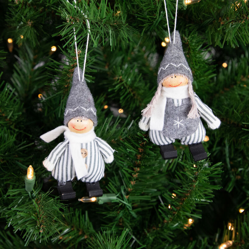 Set of 2 Gray and White Striped Plush Twin Gnomes Christmas Ornaments 5.5" image number 1