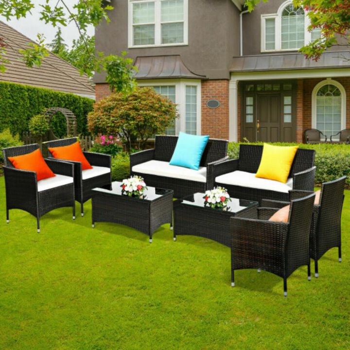 4 pcs Patio Garden Rattan Furniture Set Coffee Table Cushioned Sofa