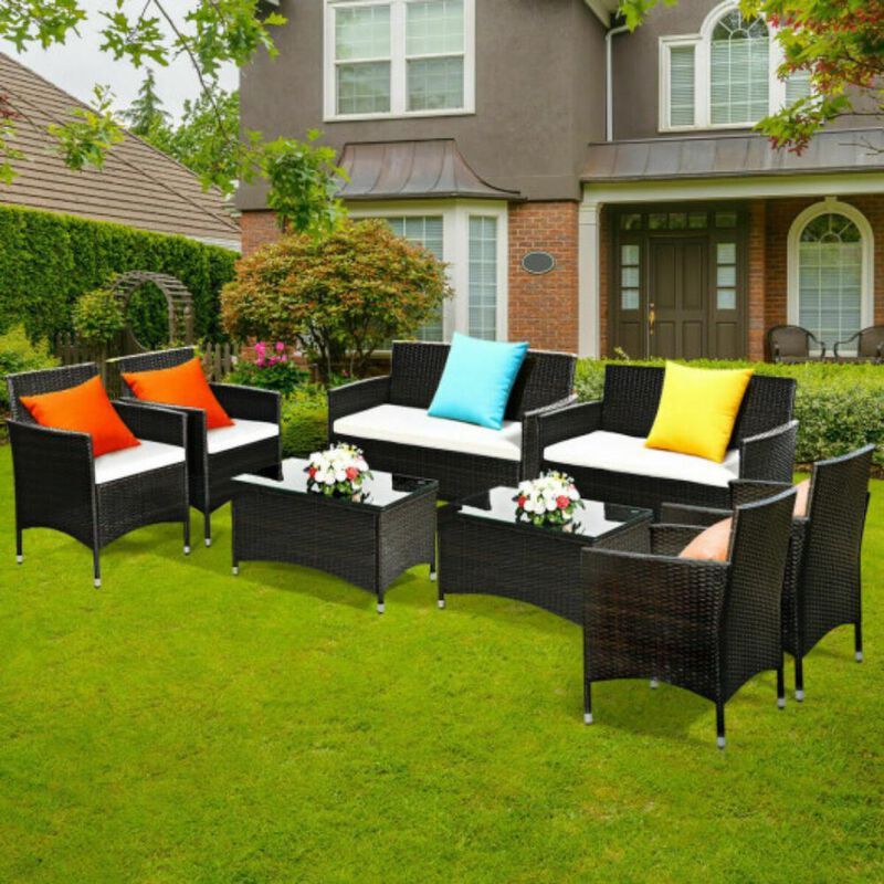 4 pcs Patio Garden Rattan Furniture Set Coffee Table Cushioned Sofa
