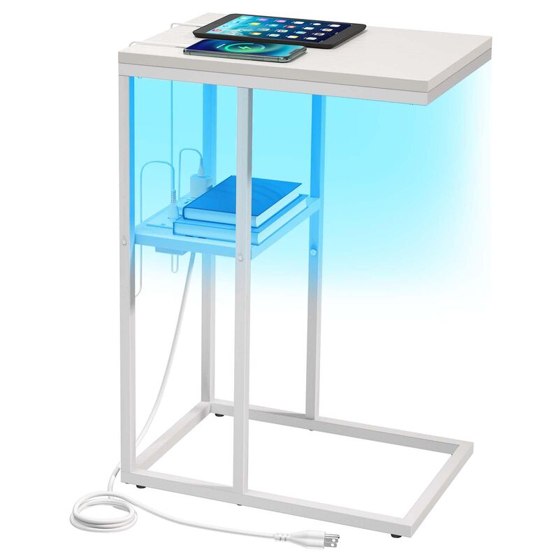 Yoobure LED C Shaped End Table with Charging Station, Small Side Tables for Living Room Bedroom, TV Tray Table with USB Ports an