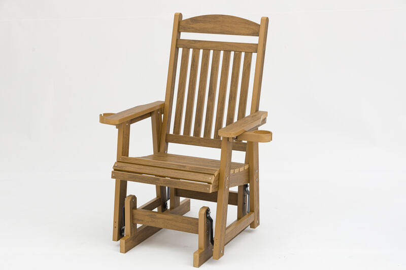 Poly Lumber Patio Glider for One Person, Ergonomic Deep Seat and High Backrest, with Removable Cup Holders, Wood-Like Pattern, Heavy Duty 700 LBS, for Outdoor Patio Garden Yard (Teak)