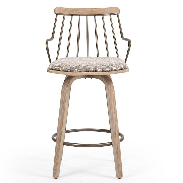 Glamour Home Beatrice Brown and White Woven Fabric Counter Stool with Natural Wood Legs