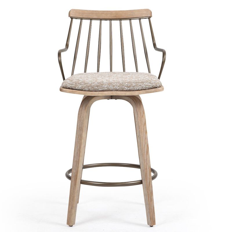 Glamour Home Beatrice Brown and White Woven Fabric Counter Stool with Natural Wood Legs