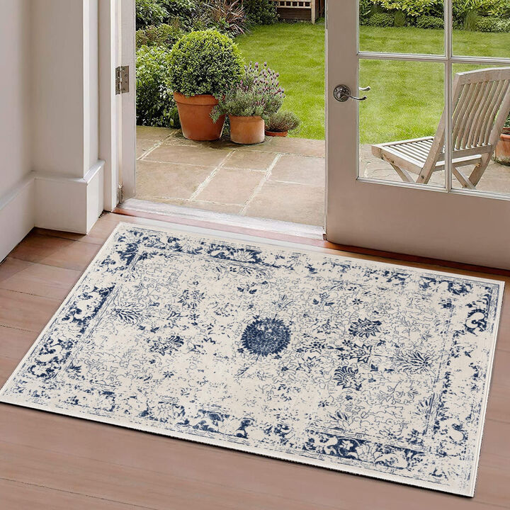 2 X 5 Navy Blue Distressed Floral Area Rug
