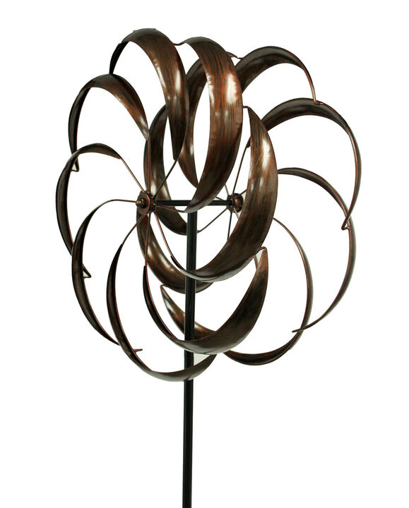 Antique Copper Finish Metal Art Dual Flower Wind Spinner Garden Stake