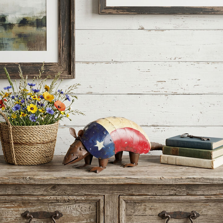 HomeRoots 16" Red Off White And Blue Metal Armadillo Tabletop Sculpture