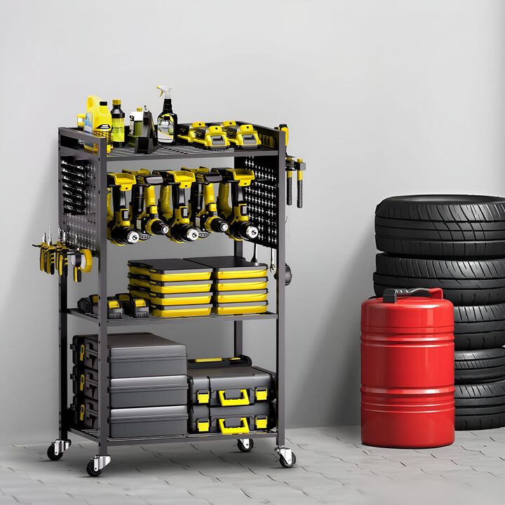Heavy Duty 4-Tier Rolling Workshop Tool Cart with Drill Holder and Storage Shelves-Black