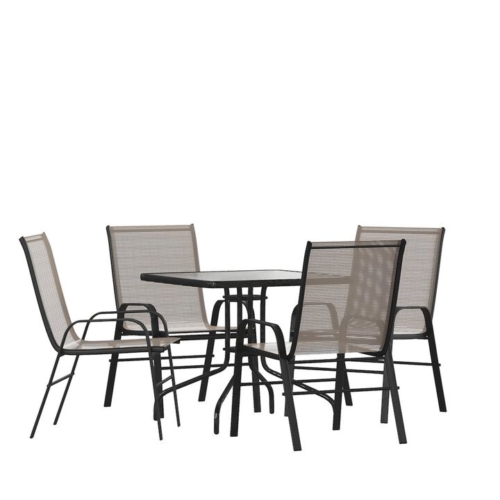 Flash Furniture 5 Piece Set - 31.5" Tempered Glass Patio Table, 4 Brown Stack Chairs