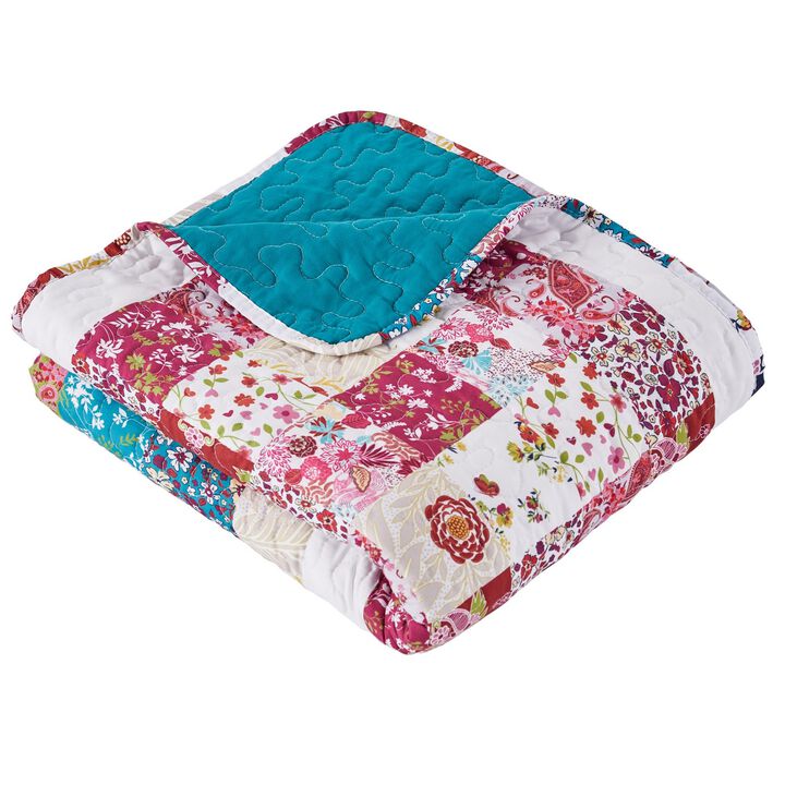 Zay 60 Inch Throw Blanket, Patchwork Floral Print, Teal Blue Microfiber-Benzara