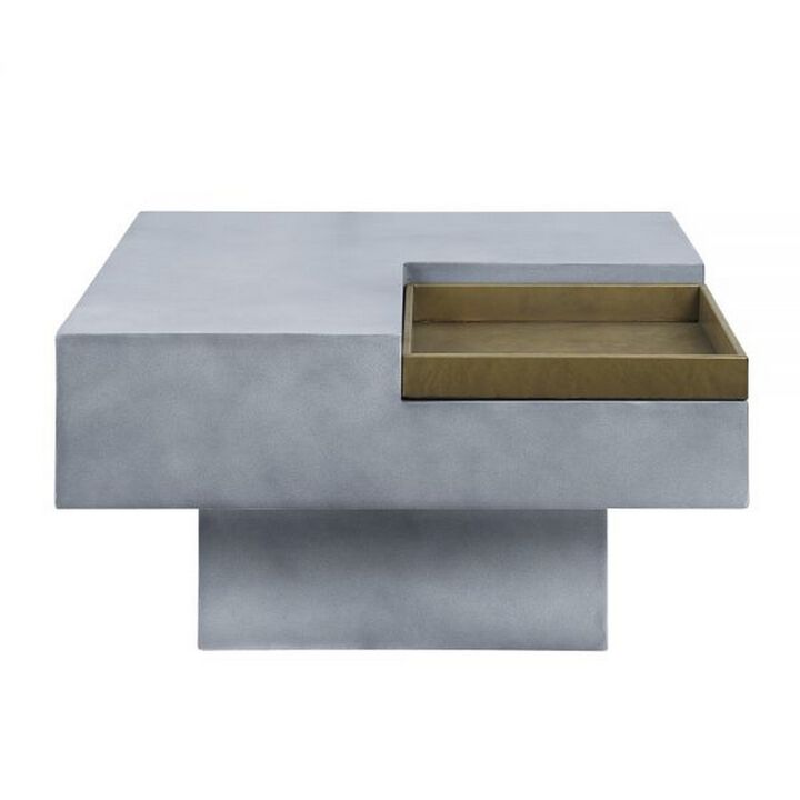 32 Inch Coffee Table with Removable Tray, Cement Construction, Smooth Gray - Benzara
